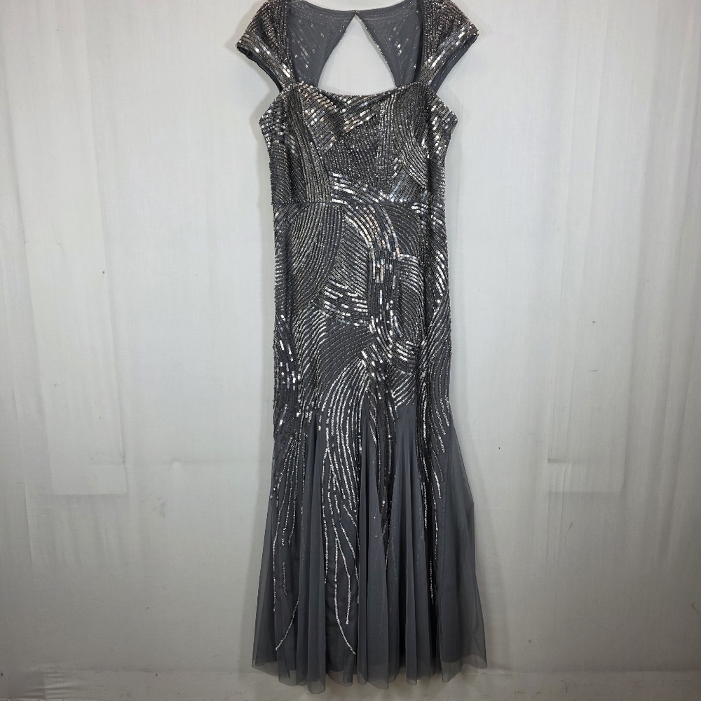 Adrianna Papell Art Deco Sequin Gown Silver Grey Prom Formal Size 16 - Picture 2 of 14